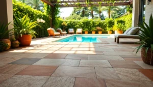 Carrelage extérieur en terre cuite et en porcelaine, espace extérieur lumineux.