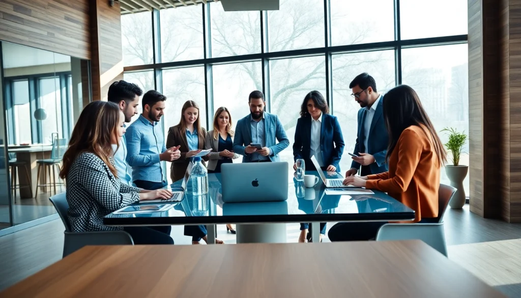 Team collaborating in a professional business setting showcasing innovation and diversity.