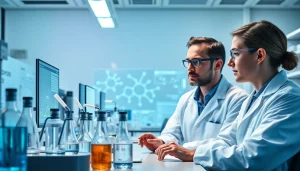 Researchers studying the synthetic cannabinoid WIN55 in a modern laboratory setting, showcasing innovation and professionalism.