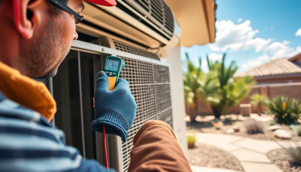 Technician servicing scottsdale ac unit in a sunny desert home environment.