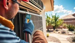 Technician servicing scottsdale ac unit in a sunny desert home environment.