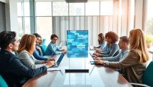 Engaged business team collaborating in a modern workspace with innovative elements.