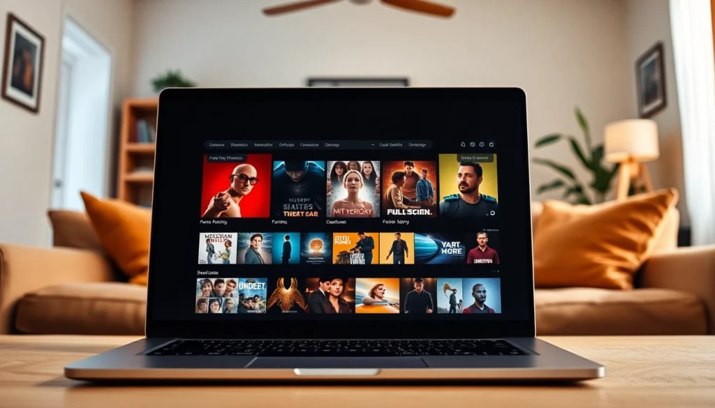 Stream popular films at https://bandarlayarkaca21.com with a cozy setup showcasing vibrant movie posters.