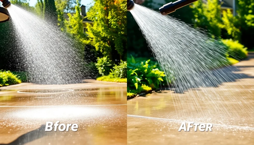 Pressure wash removing grime from a residential driveway, showcasing clean results.