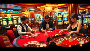 Engaged players enjoying a thrilling game at F168 casino, showcasing table games and luxury.