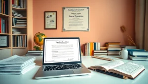 Un espace de travail professionnel d'un traducteur assermenté anglais, équipé d'outils de traduction et de documents juridiques.