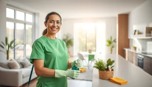 Spotless home showcasing a professional cleaning service with eco-friendly products in action.
