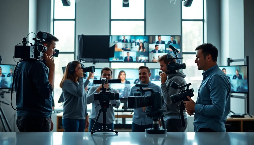 Engaging corporate video production scene showcasing a diverse team collaborating on projects.