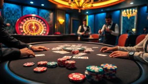 JUN 88 poker table scene showcasing vibrant chips, engaged players, and luxury ambiance.