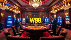 Experience luxury at W88's casino featuring a roulette table, elegant decor, and thrilling gameplay.