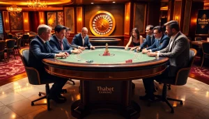 Thabet gaming experience showing players engaged in poker at an elegant casino table.