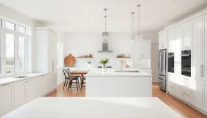 Transforming a modern kitchen through home renovation with bright lighting and stylish decor.