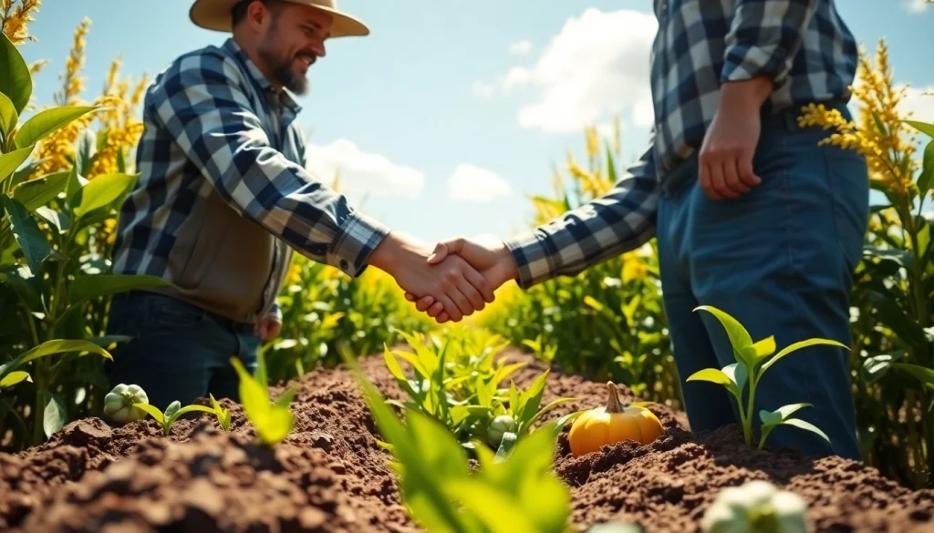 Farmers discussing agriculture law in a sunny field, highlighting legal agreement.