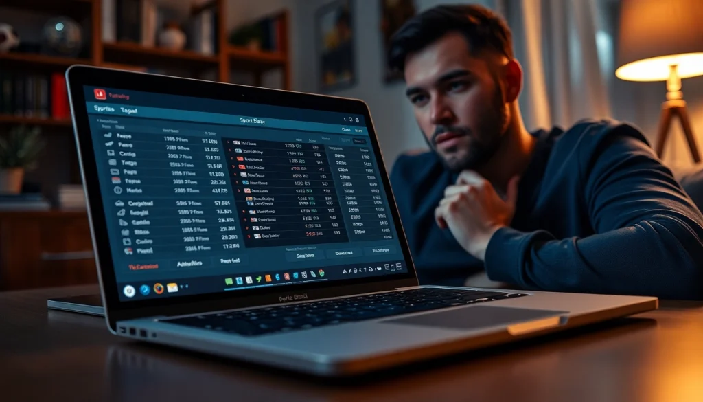 Engaged individual analyzing sports betting in Canada odds on a laptop in a cozy study.