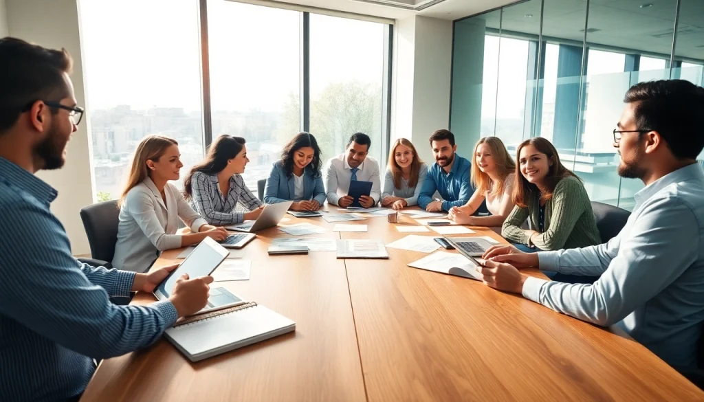 Collaborative team in a vibrant business setting brainstorming ideas.