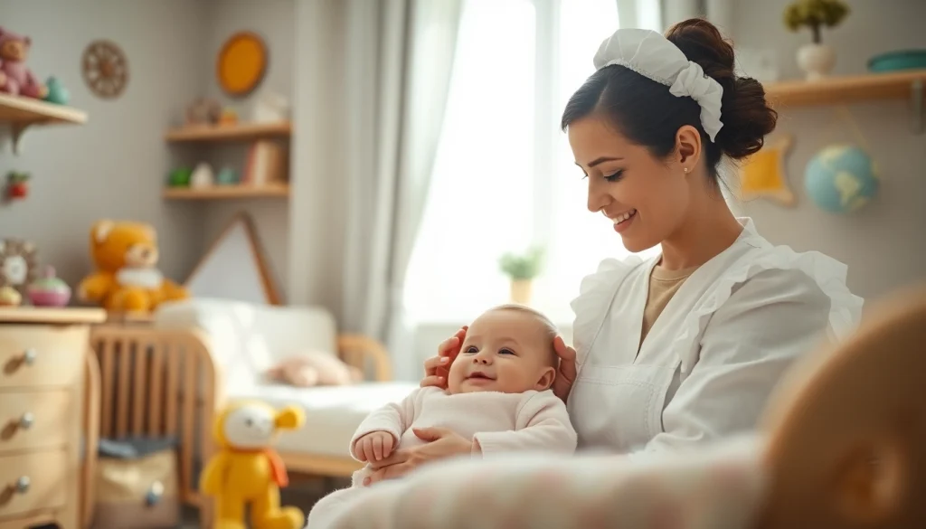Infant care maid gently attending to a smiling baby in a cozy nursery.
