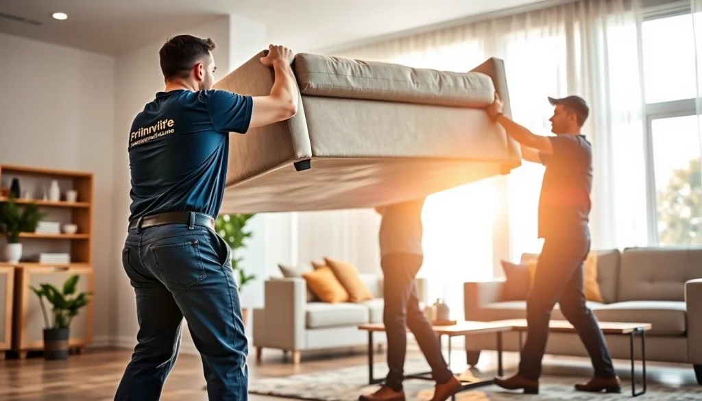 Expert furniture movers lifting a sofa in a well-lit living room setting.