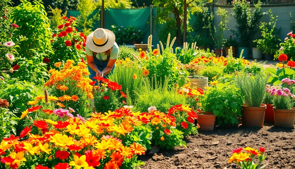 Engaging Gardening scene with a gardener nurturing vibrant flowers and vegetables.