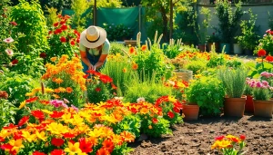 Engaging Gardening scene with a gardener nurturing vibrant flowers and vegetables.