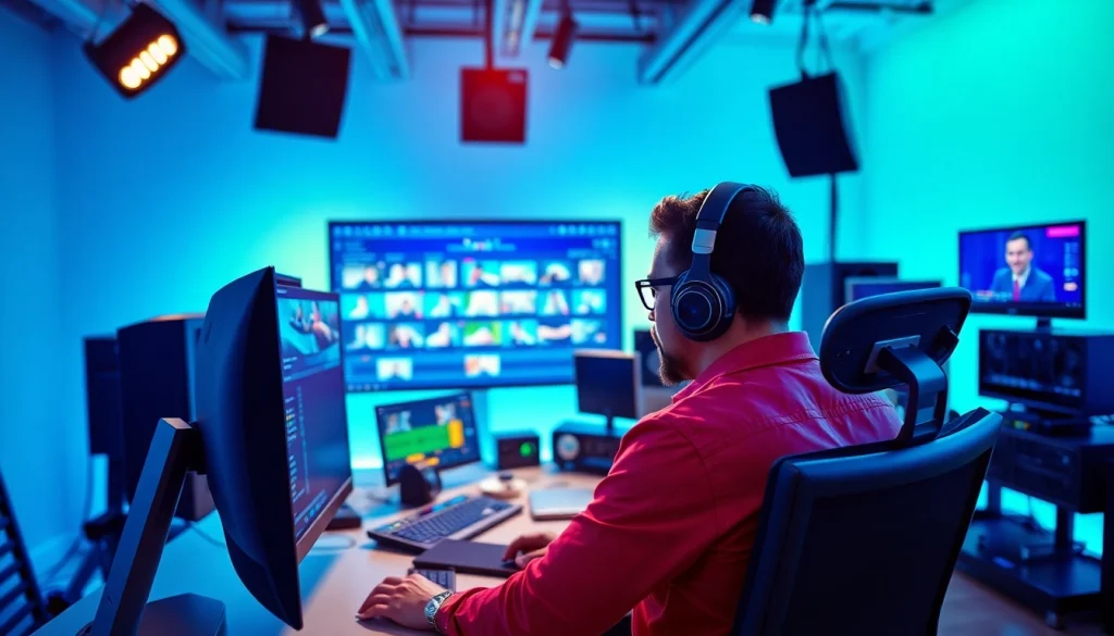 Engaged professional video editors working in a modern studio environment.