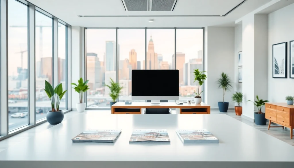 Engaging real estate office showcasing a city skyline, perfect for highlighting Real Estate offers.