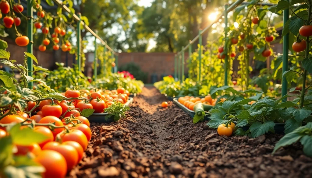 Gardening in a vibrant vegetable garden with rich colors and textures showcasing the plants' growth.