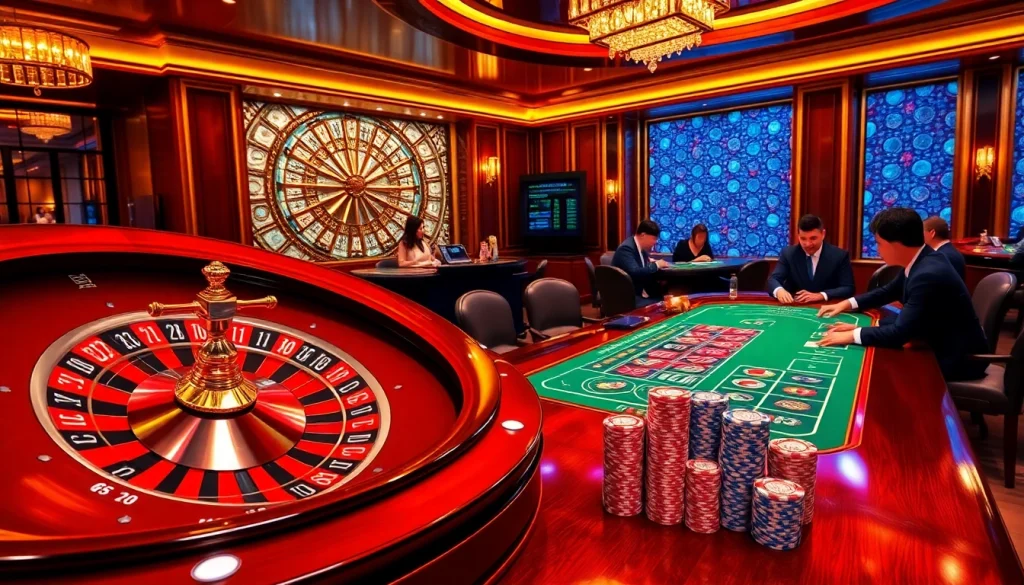 Engage with "link vào w88" at a luxurious casino featuring dynamic poker gameplay and a roulette wheel.