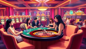 Experience the thrill of VN88 with vibrant casino gaming tables and engaged players.