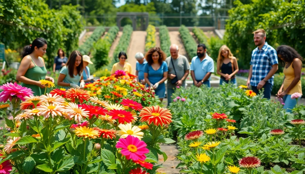 Engaging community members participating in Gardening activities in a vibrant garden space.