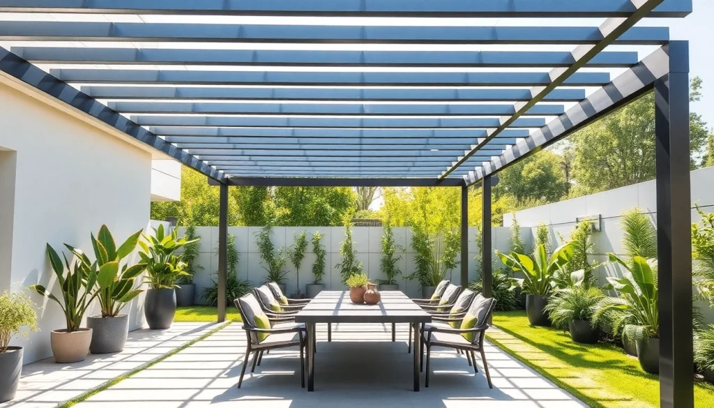 Stylish modern steel pergola enhances the ambiance of a beautiful backyard.