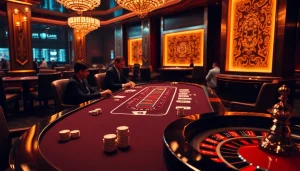 Players enjoy thrilling baccarat at Bugatti8-themed casino table, showcasing luxury and excitement.
