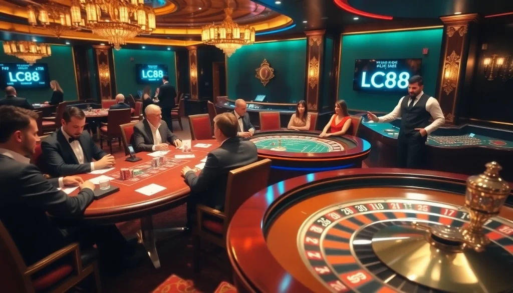 Gamblers enjoy a thrilling game at an LC88 casino table with vibrant poker chips and cards.
