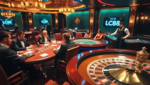 Gamblers enjoy a thrilling game at an LC88 casino table with vibrant poker chips and cards.