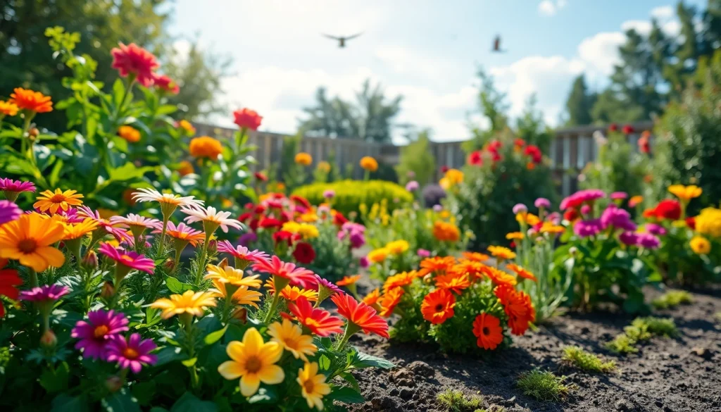 Gardening scene with vibrant flowers and vegetables showcasing plant diversity.