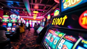 Menampilkan slot deposit 1000 pada mesin slot berwarna cerah dan suasana kasino yang energik.