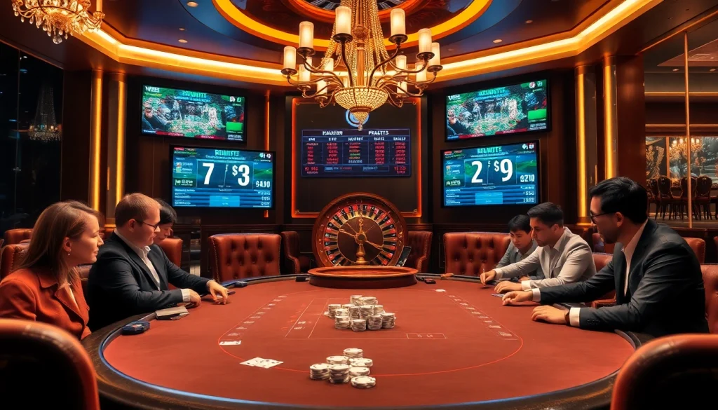 Gambling excitement at a casino with 7mcn live scores displayed on digital screens.