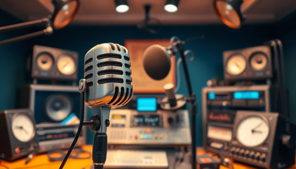 Engage with hometownstation.com through a professional radio broadcast setup featuring a vintage microphone.