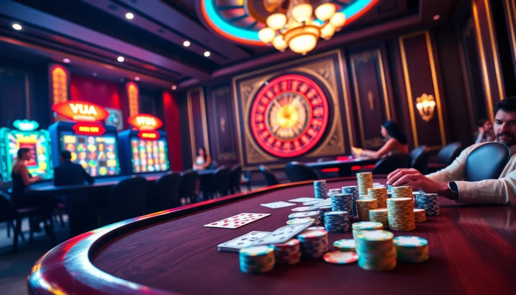 Vua99 players enjoying an exciting online gambling experience at a luxurious casino table.