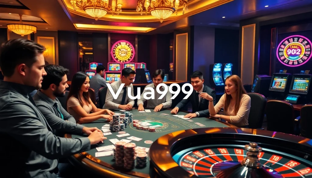 Vua99 players enjoying an exciting game at a modern poker table in a luxurious casino.