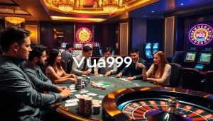 Vua99 players enjoying an exciting game at a modern poker table in a luxurious casino.