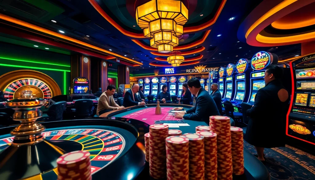 Exciting casino scene showcasing RAJABARONG with lively gambling action at roulette and poker tables.
