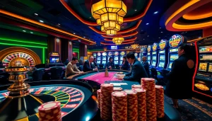 Exciting casino scene showcasing RAJABARONG with lively gambling action at roulette and poker tables.