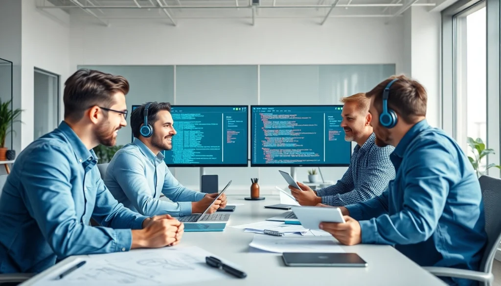 Hire .Net desktop developers working collaboratively in a modern office environment with technology.