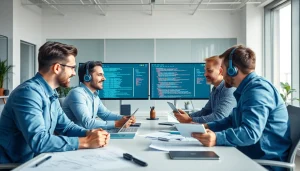 Hire .Net desktop developers working collaboratively in a modern office environment with technology.