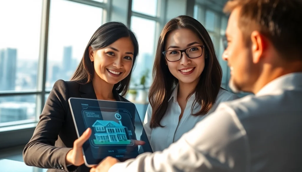 Showcasing real estate agent engaging a client with a digital interface in a modern office.