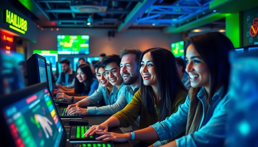 Hello88 gaming environment with diverse players engaging in online betting activities and digital interactions.