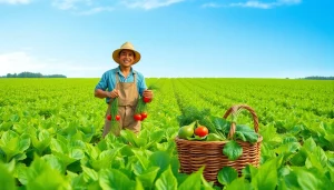 Petani toto memanen hasil pertanian dengan gembira di ladang hijau subur.