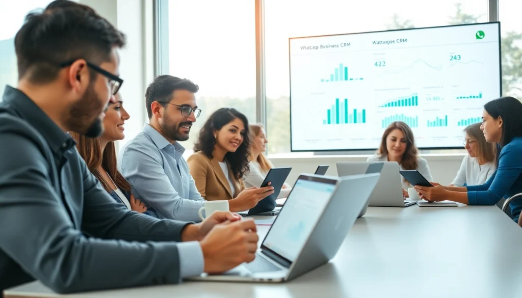 Showcasing WhatsApp Business CRM analytics in a professional team meeting setting.