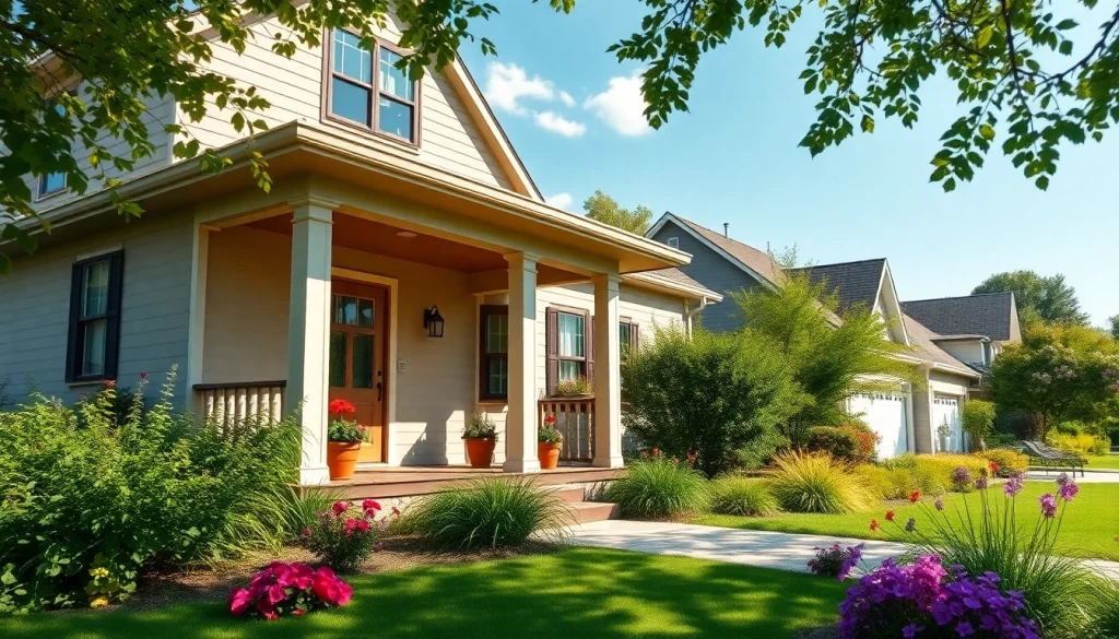 Showcasing a picturesque real estate home with inviting gardens and bright daylight.