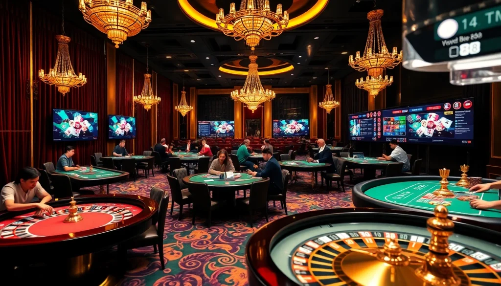 Exciting scene depicting gamblers at tables in nhà cái xx88 casino, showcasing poker and roulette games.